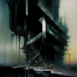 Dark Contemporary abstract painting of Lebbeus Woods brutalist architecture in a wasteland techno decaying landscape. Hazy foggy night sky. Concrete ground. Exposed twisted concrete and pipes. Style Justin Mortimer and JMW Turner. Close up