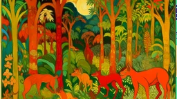 An orange colored forest with fairy wolves designed in Mexican folk art painted by Paul Gauguin