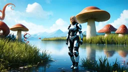 blond woman in an exosuit next to a lake with giant floating mushrooms with octopus tentacles in the distance