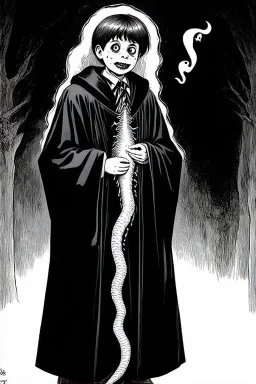 7 year old boy, necromancer, friendly, looks dead,with a long lamprey emerging from his belly , wearing black robes, with the lower body of a ghost in the style of Harry Clarke