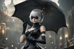 Beautiful 2B with blindfoldin 8k nier automata artstyle, 2B them, 2B Custom, cover eyes, close picture, rain, fantasy world, intricate details, highly detailed, high details, detailed portrait, masterpiece,ultra detailed, ultra quality