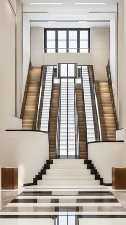 A large conference lobby in a modern style, with the marble floor falling one step. At the front, a grand staircase with a white carpet and glass balustrade leads to the second floor. There are two doors along the back wall of the first floor.