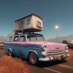 happy cute model sitting on roof of a caravan, wreckfest, spectacular graphics, unreal, road, bridge