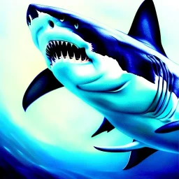 Epic oil Drawing of Photorealistic dramatic hyperrealistic,ultra realistic,with scars Great White Shark, underwater, daylight ,by WLOP, Artgerm 8k