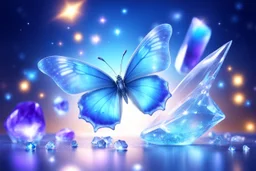 a little cosmic lightblue bright butterfly is flying over a magic big important crystal