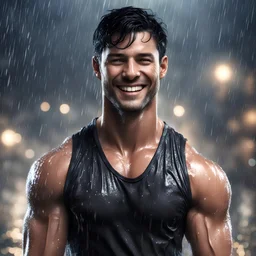 Hyper realistic extremely handsome muscular short black hair man smiling & wearing a wet shirt in a heavy rainy night