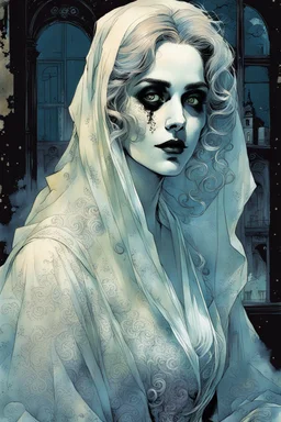 create an imaginative drawing of the pale translucent ghost of an Parisian female fortuneteller, clothed in tattered and ragged, ornate Napoleonic period dress, with finely detailed hair and feminine facial features, in the seething midnight shadows of Pere Lachaise cemetery, in the comic book art style of Bill Sienkiewicz, Mike Mignola, and Jean Giraud Moebius, finely textured, drawn, colored, and inked