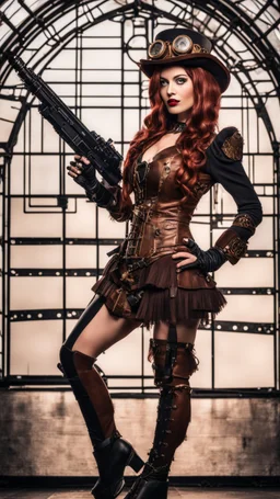 Full Body Photo Of A Steampunk Burlesque Woman With Straight Hair And A Fringe Hairstyle, Holding A Laser Gun, Sci-Fi Steampunk Background