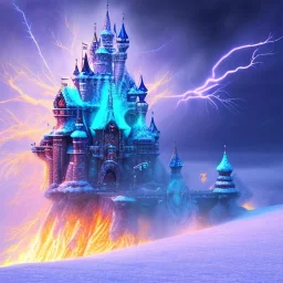 colorful realistic bird , exploding ice castle, ski tracks and blue storm clouds and burning lightening