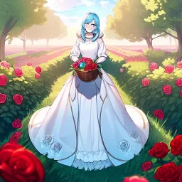 very gorgeous anime girl wearing a yellow and white dress ,standing in a meadow of flowers, spreading rose pedals on the ground. beautiful eyes and a stunning smile, blue eyes, two blue eyes, perfect nose and rosy cheeks and red lips. girl is holding a basket with flowers in it. girl has flawless face. simetrical face