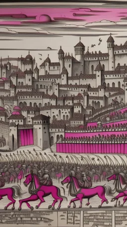 A grayish magenta noisy city designed in Bayeux tapestry painted by Giovanni Battista Sassi