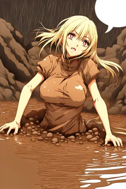 Anime girl sinks in brown opaque grainy mud