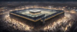 Hyper Realistic Areal View of Kaaba with lots of people worshipping at rainy night