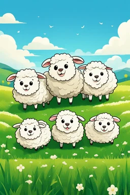 create an image with 4 cute sheep with the typography, happy face "sheep of faith", 2d, cartoon style, chibbi, kawai, a green field and blue sky in the background