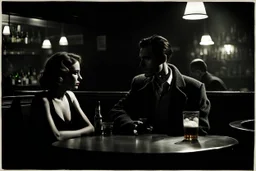 photo from an crisis of a couple in a bar. The scene is set in a dimly lit bar with a melancholic atmosphere, evoking a film noir style. The bar is filled with smoke and shadows, and with couples talking and drinking. At the bar counter, a man and a woman sit beside each other. The man is hold a glass beer and looking another young woman in bar, while the woman sadding face looking the counter. dramatic shadows, woman sadding face looking the counter. sadness, paint, loneliness