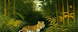 A tiger in a jungle painted by Henri Rousseau