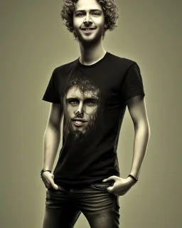 A slim relatively high guy with wild curly blond hair, smiling with teeth and wearing black skinny jeans and a t-shirt