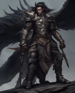 Warrior warrior with leather and metal clothes A combination of a dragon and a wolf and a commander riding on it Warrior warrior with leather and metal clothes and robotic metal