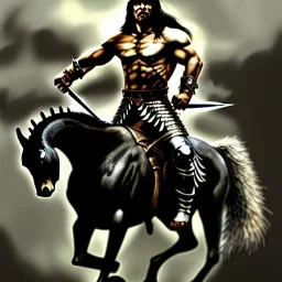 ultra detailed portrait of Conan the barbarian Riding a black horse, wearing armor and Sword, extremely detailed digital painting, extremely detailed face, in the style of robert e howard and Simon Bisley and Ashley Wood, mystical colors, rim light, beautiful lighting, 8k, stunning scene, raytracing,perfectly centered image, perfect composition