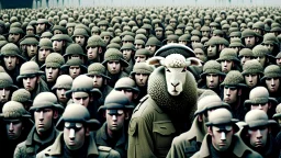 large crowd of soldiers all with sheep heads