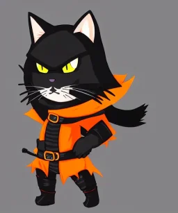 cat 2d, knight, ninja, black fur,full body, orange torn coat,game character, strong, anime, chibi, game sprite, brave, funny