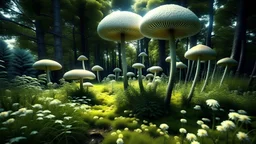 alien woodland trees looking like mushrooms with multi stemmed dandelions