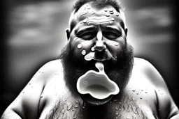 close up photography, dirty burly chubby Italian strong 48 years old homeless man, full of splashing milk in the face dripping on the beard, with dirty tank top, emotional eyes, manly chest, photo, Canon EOS, lens 35mm, natural lights, 8K, in the morning