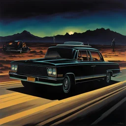 Last Drive: rear 3/4 view, ((a man (with long hair and sunglasses) in a hearse by night in the desert, aside a beautiful girl driving)). Speed lines and a motel in background. grainy photo realistic, 80's horror poster, Frazetta, dark and moody ambience