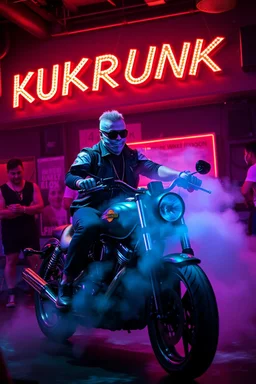 An "hard MC guy" performing at dance club, his name is "Benny" Very hard looking, motorbike Harley davidson on stage, Neon lights and smog, "KUKRUNK" sign on the wall