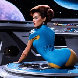 [Star Trek] And that was the colors of the saucer? No, her swimsuit: she bends over the console