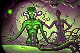 moon patrol arcade game with auric gorgon medusa voodoo doll witch vampire stabs teacher with Ectoplasm eyes steven king lynch film from the 50s in the style of Escher