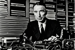 Schwarzweißfoto J. Robert Oppenheimer vor einem Cord 810 schaut Betrachter direkt an