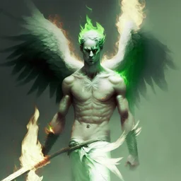 hombre angel caido de piel verde palido sin cara empuñando una lanza en llamas
