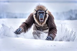 Dynamic action shot of a Yeti hunting during Alberta snow, [captured by Nikon D850 with a 70-200mm lens], winning awards photography, in the style of Nick Brandt, God-rays