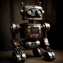a schizo robot bot, logo, old and rusty,