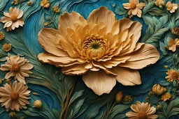 A lifelike thick old woodgrain flower blooms amidst a serene ocean meadow, its intricately woven petals and stem radiating realism and rich detail.