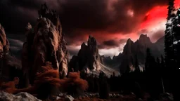 mountains, a gloomy rocky landscape, cypresses stretching up in the foreground, rocks and a bloody sky in the background