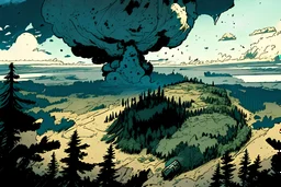 a map, forest, a hill, ,, comic book, post -apocalypse, , sky, clouds