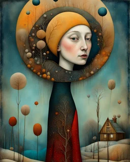 Richly textured Hieronymus Bosch, Catrin Welz-Stein, William Turner, Zdzisław Beksiński, Jacek Yerka oil on canvas zentangle line art style mix, surreal frosted fantasyland winter oceanscape, hoarfrost on trees, high grasses, snow and cottages, withered flowers, pale sunrise; paint splatter, beautiful vibrant colors, reflections, SK, flying seagulls, dramatic clouds, snowfall.