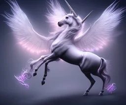 realistic, surrealism, surreal unicorn with glowing wings, glowing soft and smooth wings, shadow, abstract surreal fantasy art, highly detailed, intricate patterns on wings, soft studio lighting, smooth dark blue background 64k