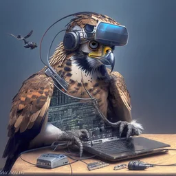 A falcon as a hacker using hacker gadgets