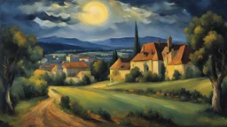 Style Cézanne, rural idyll, agriculture, dream world, night, calm beauty, fantasy world, magic, beautiful composition, exquisite detail, superb buildings in the distance