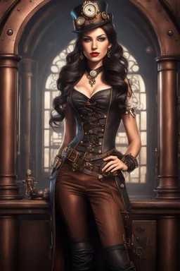 Photorealistic full-height photo of a fantasy skinny pin-up girl in steampunk clothing with long, dark hair