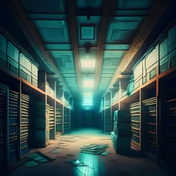 A bright room with fluorescent tubes in the ceiling, walls lined with filing cabinets, and on the floor, ancient documents and old maps.