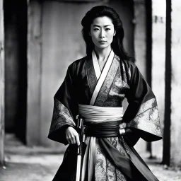 [photo of youthful Michelle Yeoh by helmut newton] The guardian stands tall, Kimono turned combat gear, Beauty wields power. A weapon in each hand: Skillful hands at work,Firearm and blade in balance, Enforcer's resolve. Her strength emanates, Ancient grace meets modern might, she attacks