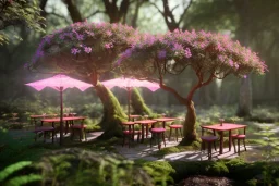 Magical fantasy elven cafe forest rivendell tree flower pink green yellow