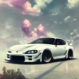 voiture blanche, fleur, chrome, synthwave, concept art, couleur vibrante, TOYOTA SUPRA