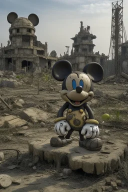 far in the future, a gigantic stature of a micky mouse sits among ruins of buildings. time has weathered the landscape for thousands of years. a small makeshift camp with people can be seen contrasting the massive statue.