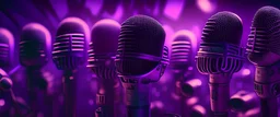 an array of a huge old school microphones, purple tones, dreamy, psychedelic, 4k, sharp focus