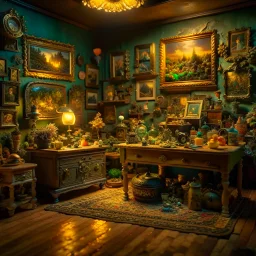 Diorama of old stuff in a room, sharp focus, 8k, 3d, very detailed, volumetric light, grim, fine art, very colorful, ornate, 35mm, F/2.8, insanely detailed and intricate, hypermaximalist, super detailed, decadent